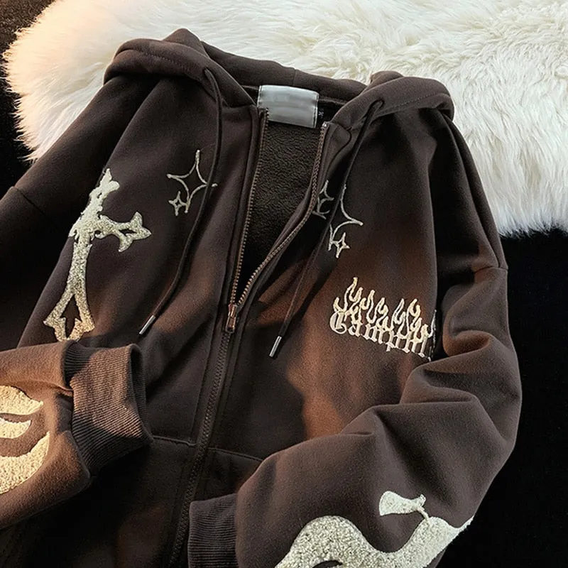 Fashionkova Women's Gothic Embroidery Hoodies Sweatshirt Harajuku Vintage Hip-Hop Streetwears Female Zip-Up Casual Hooded Jacket Sweatshirts