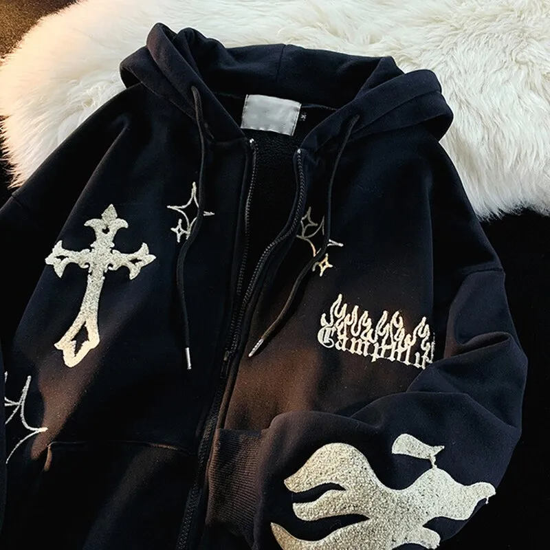 Fashionkova Women's Gothic Embroidery Hoodies Sweatshirt Harajuku Vintage Hip-Hop Streetwears Female Zip-Up Casual Hooded Jacket Sweatshirts