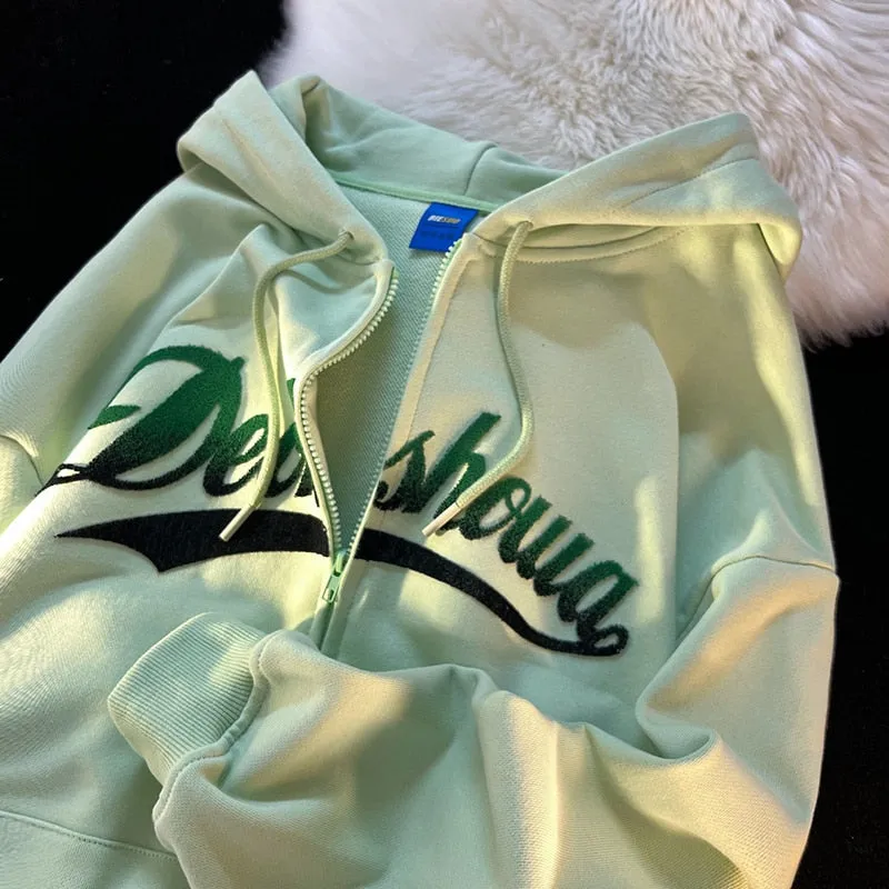 Fashionkova Women's Gothic Embroidery Hoodies Sweatshirt Harajuku Vintage Hip-Hop Streetwears Female Zip-Up Casual Hooded Jacket Sweatshirts