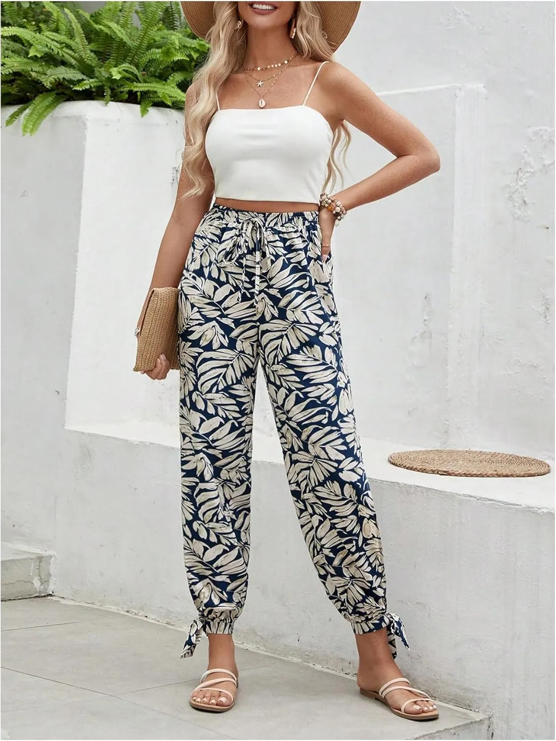 Floerns Women's Boho Elastic High Waist Split Pants Knot Vacation Beach Trousers