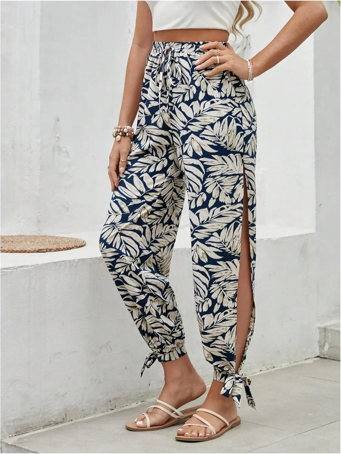 Floerns Women's Boho Elastic High Waist Split Pants Knot Vacation Beach Trousers