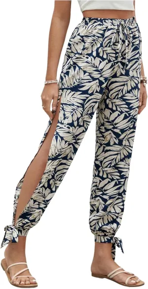 Floerns Women's Boho Elastic High Waist Split Pants Knot Vacation Beach Trousers