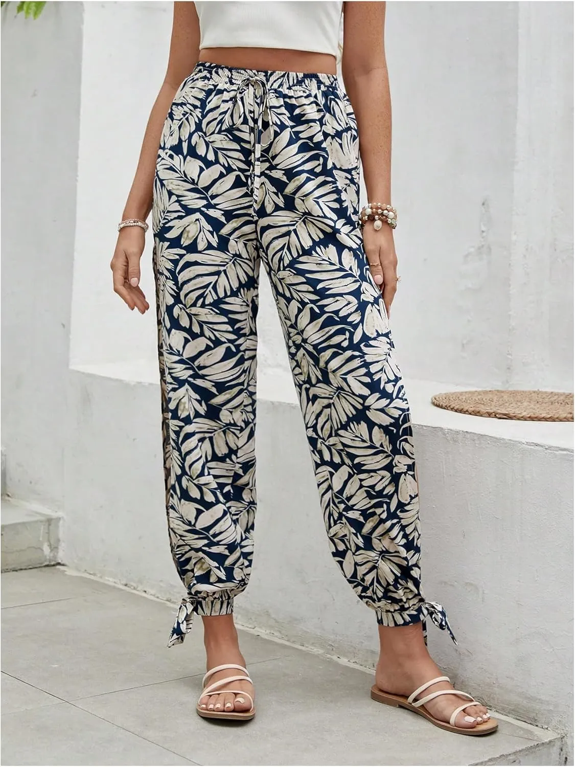 Floerns Women's Boho Elastic High Waist Split Pants Knot Vacation Beach Trousers