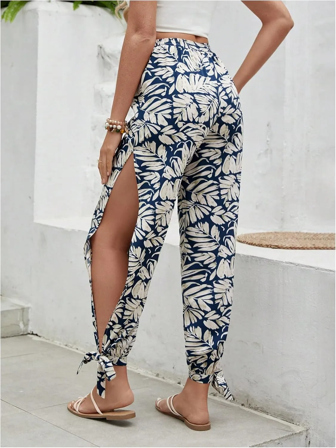 Floerns Women's Boho Elastic High Waist Split Pants Knot Vacation Beach Trousers
