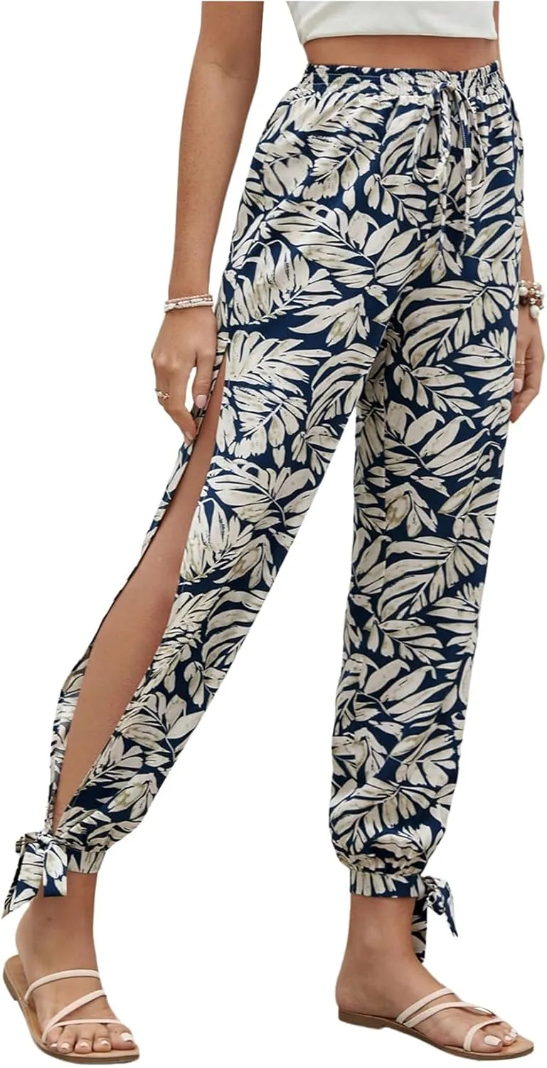 Floerns Women's Boho Elastic High Waist Split Pants Knot Vacation Beach Trousers