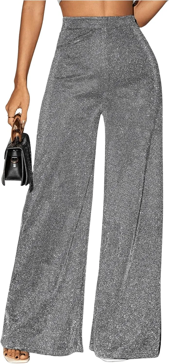 Floerns Women's Glitter High Waisted Wide Leg Pants Party Nightout Palazzo Trousers