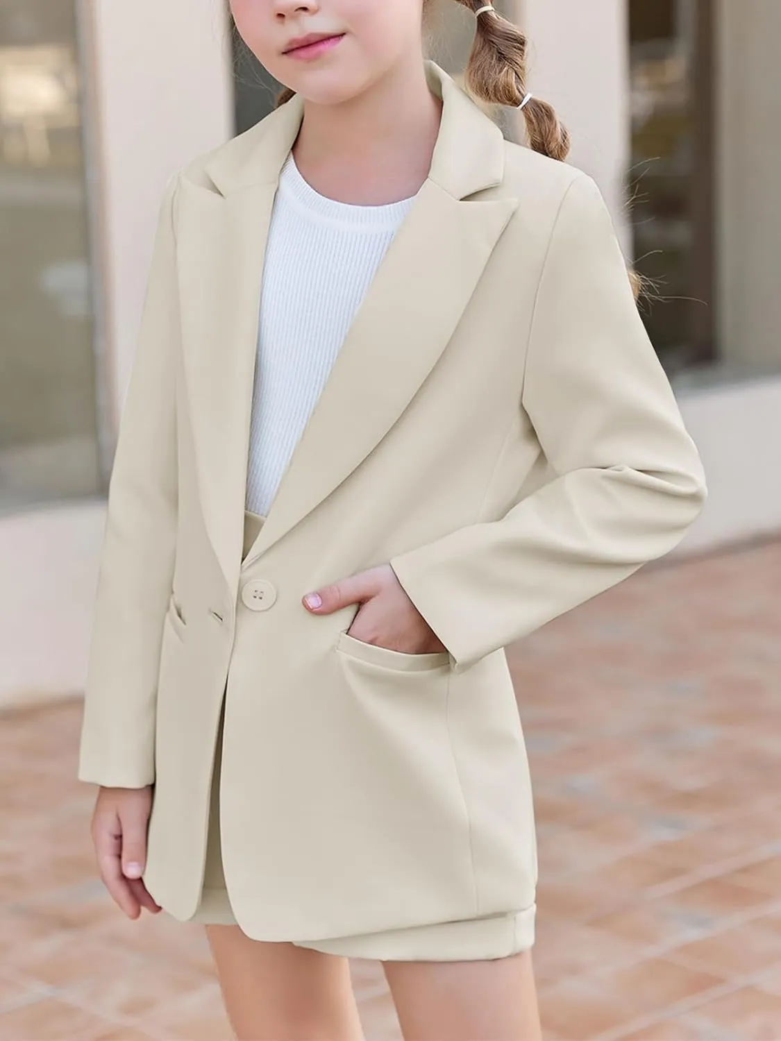 Girls 2 Piece Outfits Button Front Long Sleeve Blazer and Short Pants Suit Sets 4-14 Years