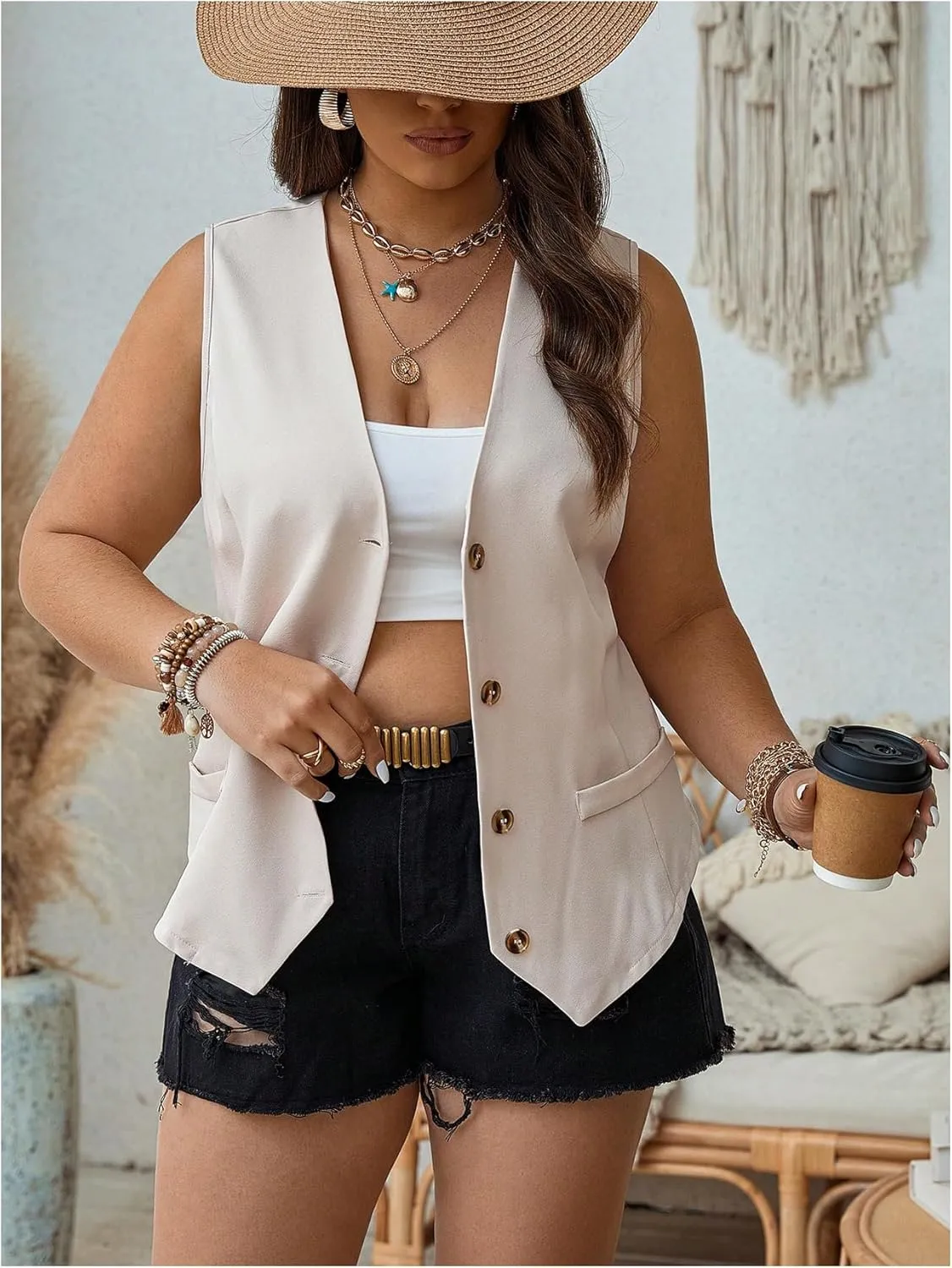 GORGLITTER Women's Plus Size Sleeveless Blazer Vest Deep V Neck Open Front Cardigan Button Up Vest Jacket