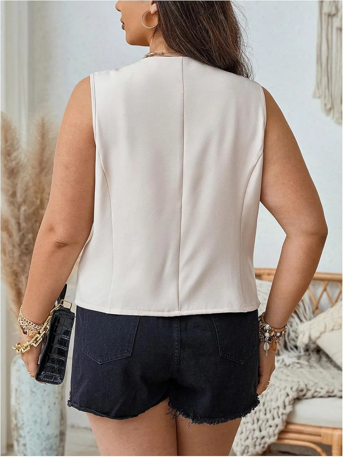 GORGLITTER Women's Plus Size Sleeveless Blazer Vest Deep V Neck Open Front Cardigan Button Up Vest Jacket