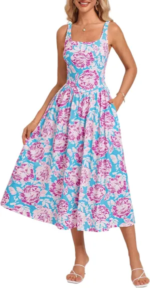 GRACE KARIN Women's Summer Square Neck Sleeveless Floral Midi Dress 2025 Boho Beach Casual Dresses with Pockets