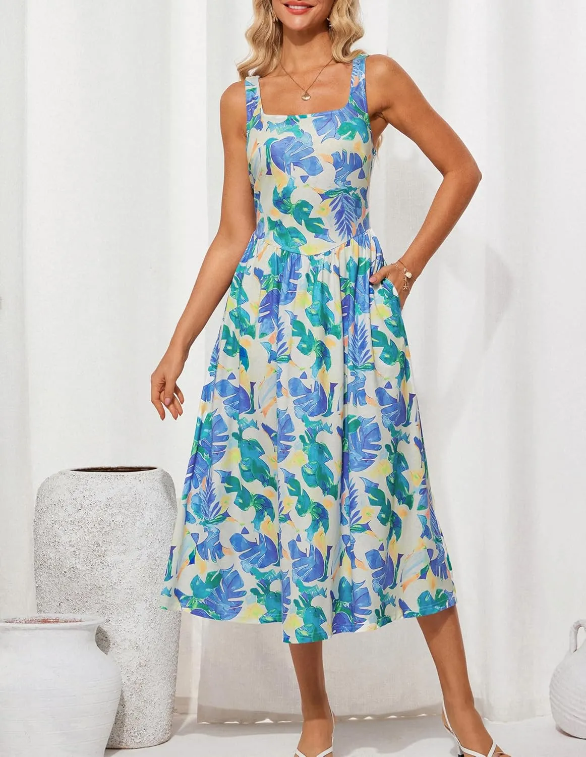 GRACE KARIN Women's Summer Square Neck Sleeveless Floral Midi Dress 2025 Boho Beach Casual Dresses with Pockets