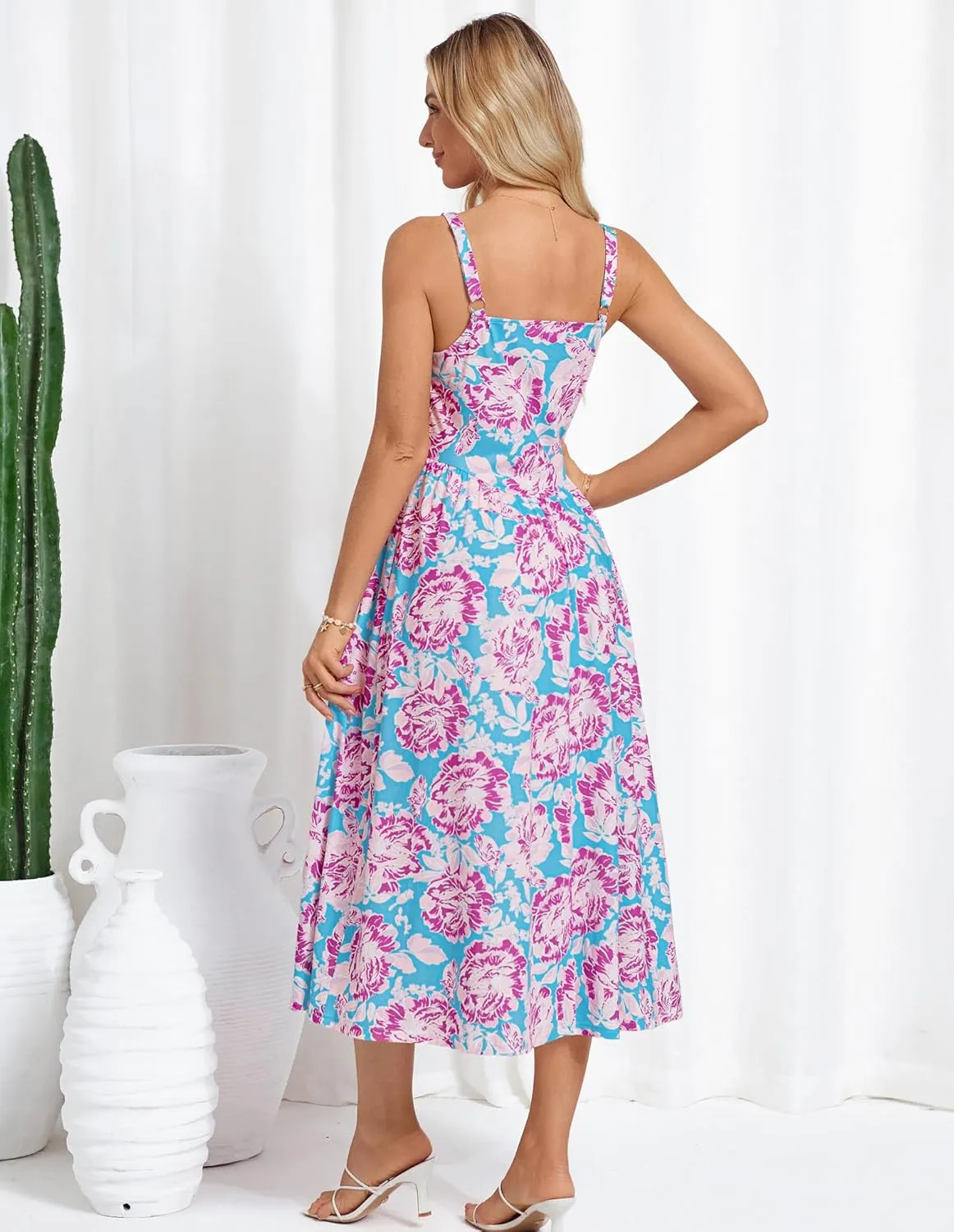 GRACE KARIN Women's Summer Square Neck Sleeveless Floral Midi Dress 2025 Boho Beach Casual Dresses with Pockets