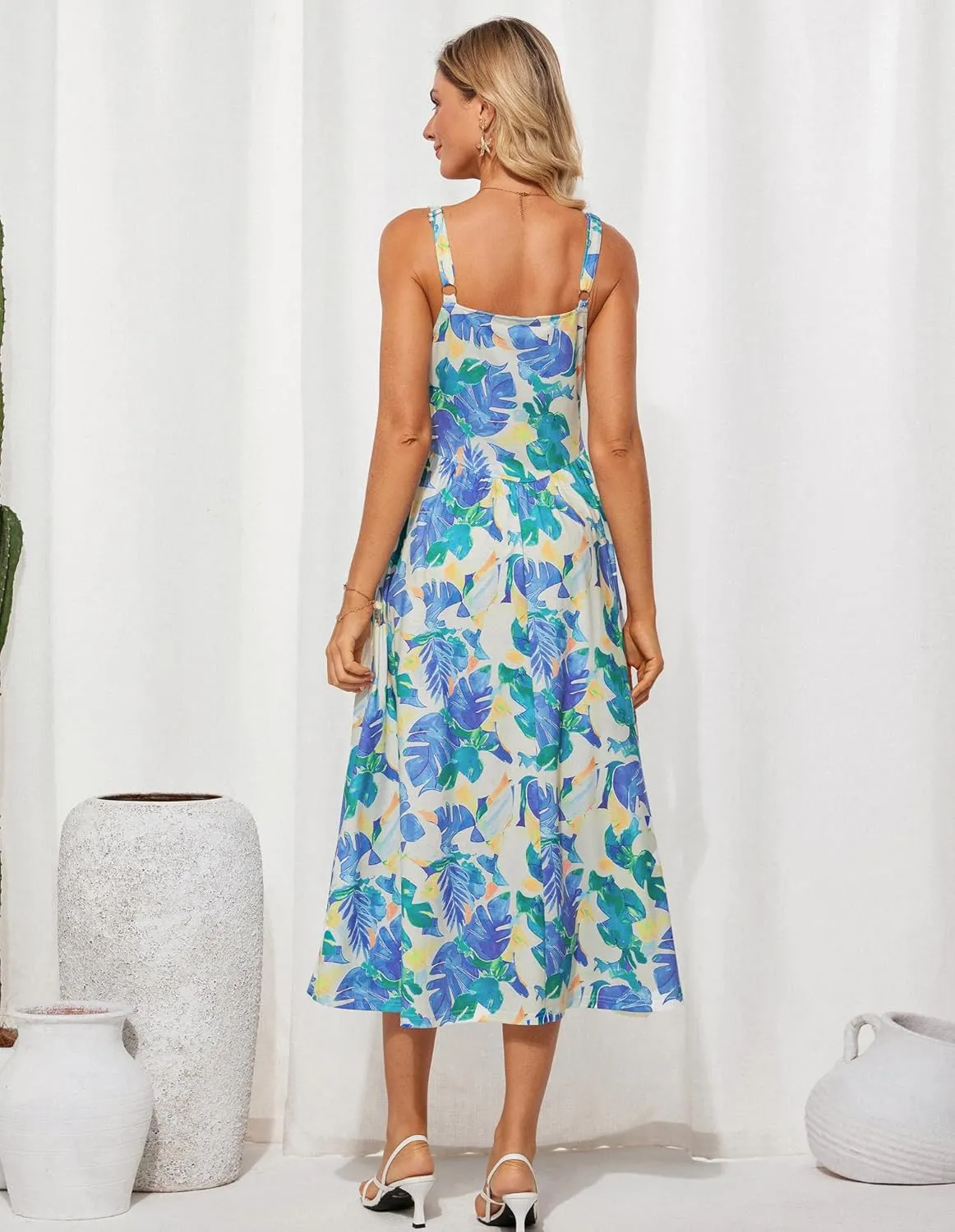 GRACE KARIN Women's Summer Square Neck Sleeveless Floral Midi Dress 2025 Boho Beach Casual Dresses with Pockets
