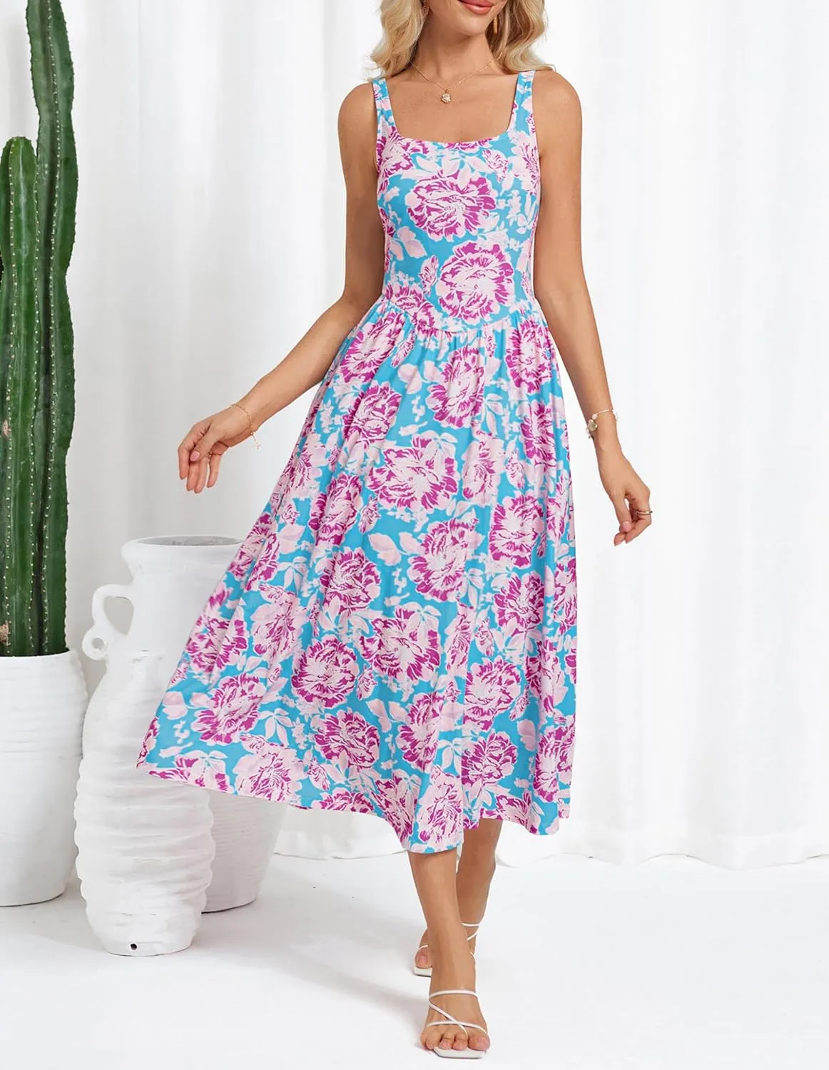 GRACE KARIN Women's Summer Square Neck Sleeveless Floral Midi Dress 2025 Boho Beach Casual Dresses with Pockets