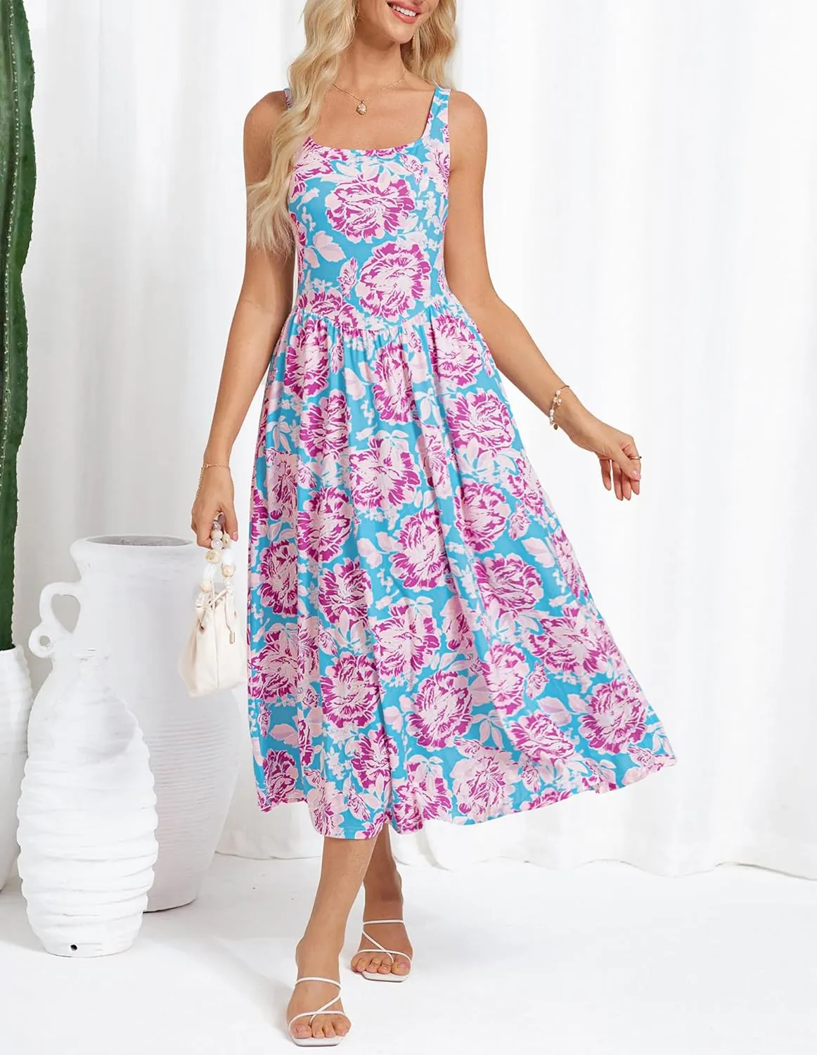 GRACE KARIN Women's Summer Square Neck Sleeveless Floral Midi Dress 2025 Boho Beach Casual Dresses with Pockets