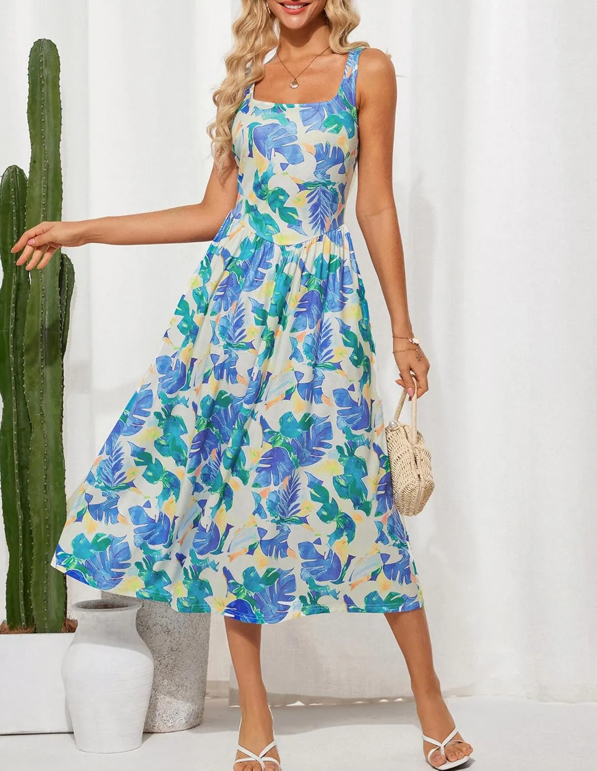GRACE KARIN Women's Summer Square Neck Sleeveless Floral Midi Dress 2025 Boho Beach Casual Dresses with Pockets
