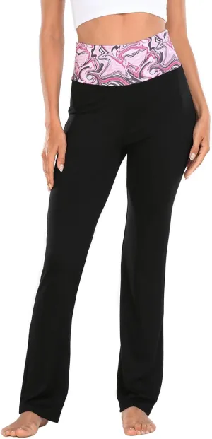 HDE Women's Color Block Fold Over Waist Yoga Pants Flare Leg Workout Leggings