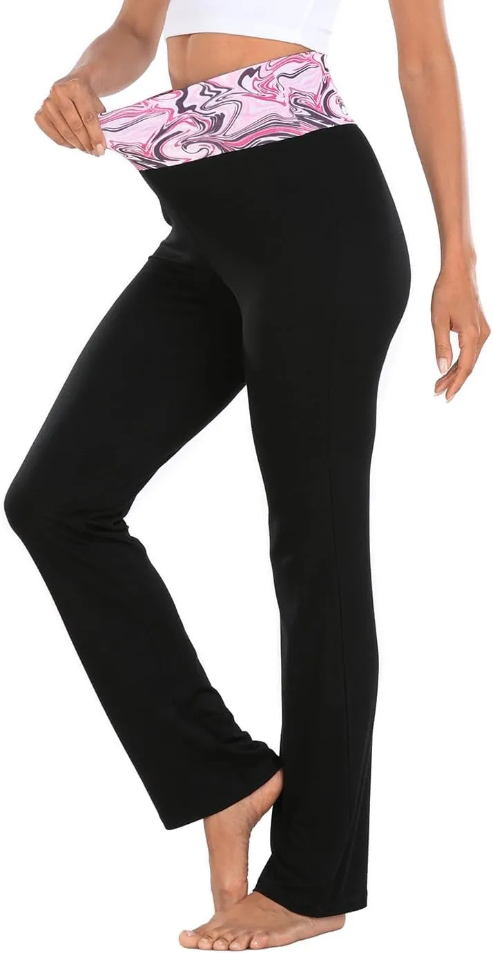 HDE Women's Color Block Fold Over Waist Yoga Pants Flare Leg Workout Leggings