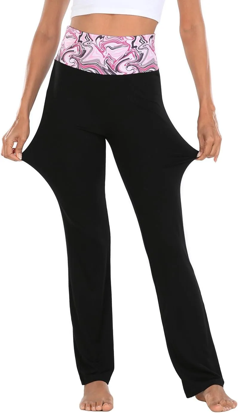 HDE Women's Color Block Fold Over Waist Yoga Pants Flare Leg Workout Leggings