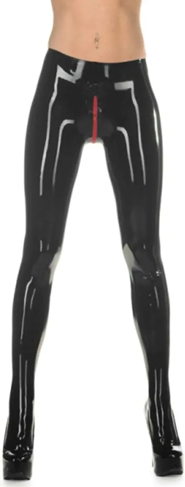 Latex Rubber Leggings Fitness Long Trousers Crotch with Red Zipped Tights Leotard Pants