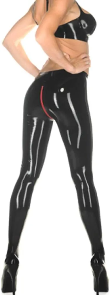 Latex Rubber Leggings Fitness Long Trousers Crotch with Red Zipped Tights Leotard Pants
