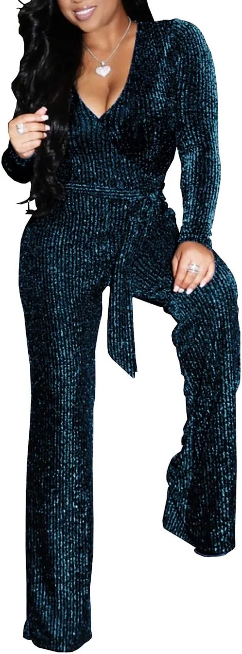 LightlyKiss Women Casual Sexy V Neck Sparkly Jumpsuits Long Sleeve Onesie Loose Pants Party Clubwear with Belt