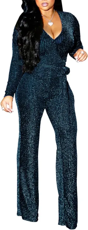 LightlyKiss Women Casual Sexy V Neck Sparkly Jumpsuits Long Sleeve Onesie Loose Pants Party Clubwear with Belt