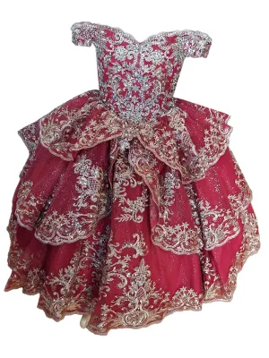 Little Girls Burgundy Glittery Gold Embroidered Off Shoulder Ball Gown 3-6