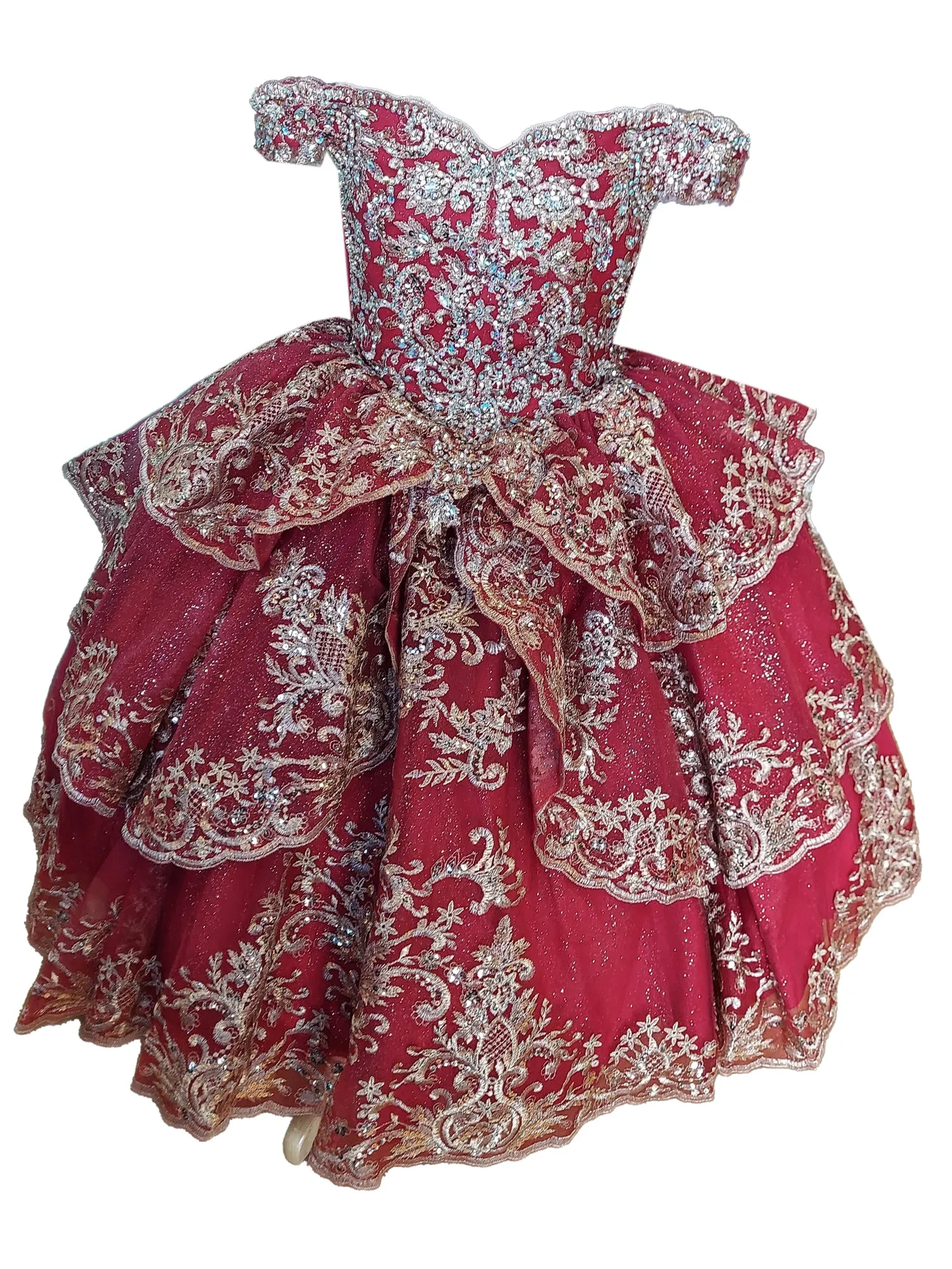 Little Girls Burgundy Glittery Gold Embroidered Off Shoulder Ball Gown 3-6