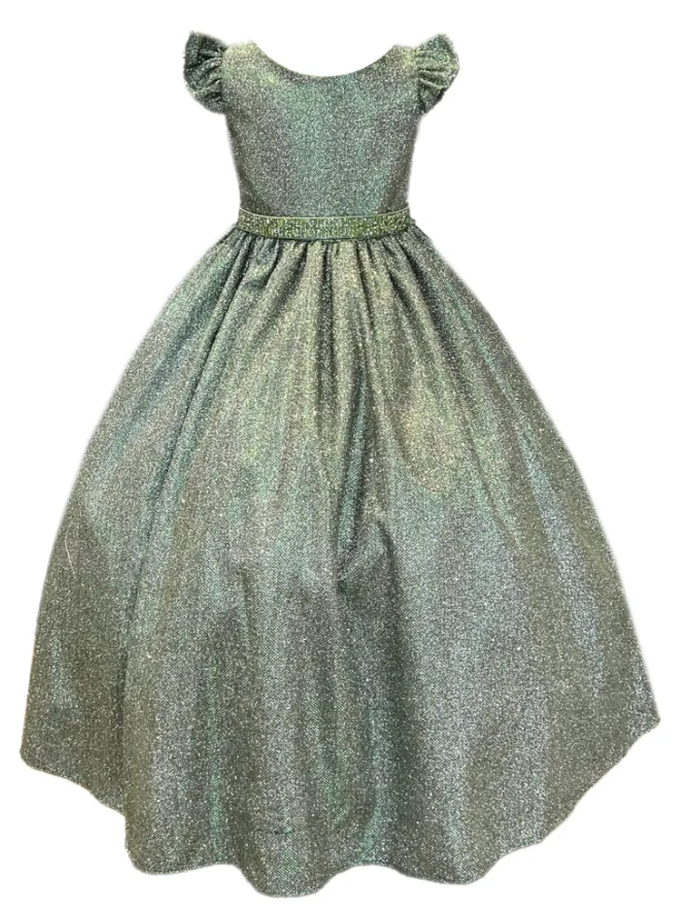 Little Girls Emerald Green Metallic Flutter Sleeve Flower Girl Dress 2-6