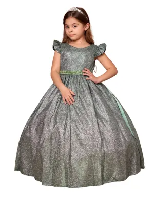 Little Girls Emerald Green Metallic Flutter Sleeve Flower Girl Dress 2-6