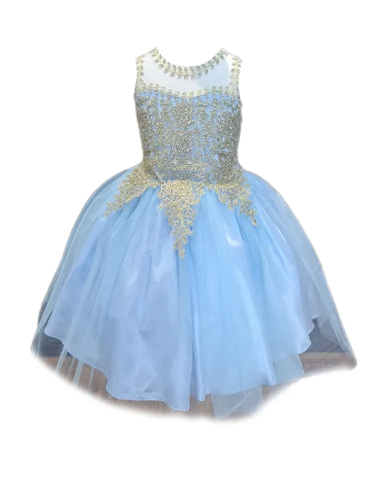 Little Girls Light Blue Embroidered Illusion Neckline Flower Girl Dress 4-6