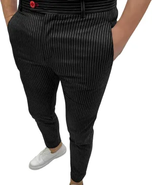 Men's Stretch Stripe Dress Pants Business Flat Front Golf Long Pant Classic Slim Fit Tapered Chino Trousers