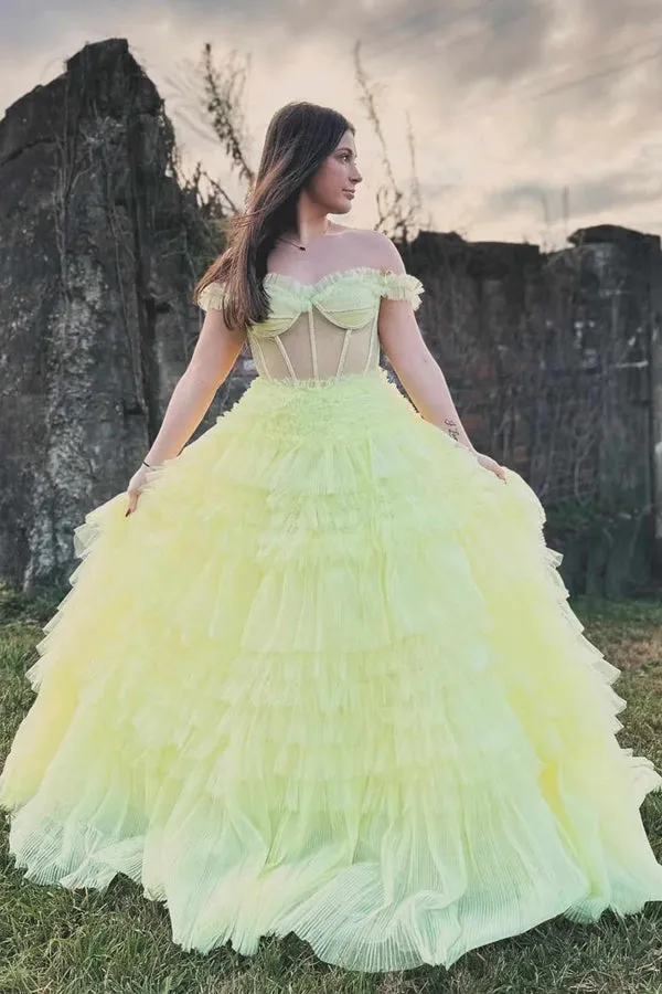 Off the Shoulder Ruffle Layered Light Yellow Prom Dresses