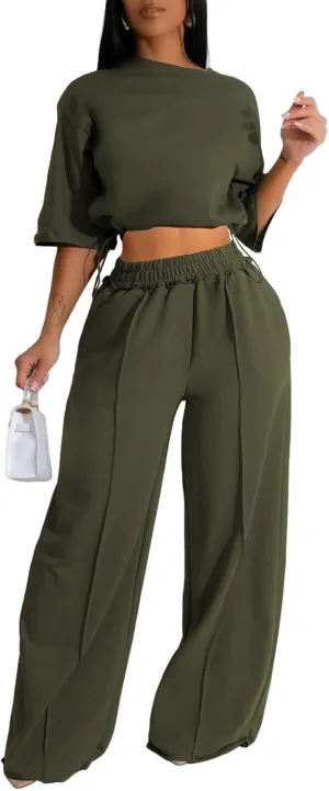 Outfits for Women 2 Piece Sets Casual Tracksuit Short Sleeve Drawstring Crop Top High Waist Wide Leg Long Pants Set
