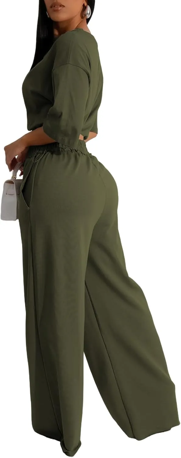 Outfits for Women 2 Piece Sets Casual Tracksuit Short Sleeve Drawstring Crop Top High Waist Wide Leg Long Pants Set
