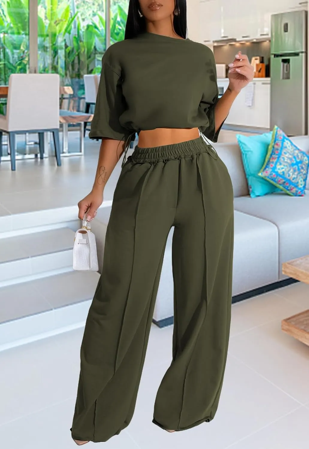 Outfits for Women 2 Piece Sets Casual Tracksuit Short Sleeve Drawstring Crop Top High Waist Wide Leg Long Pants Set