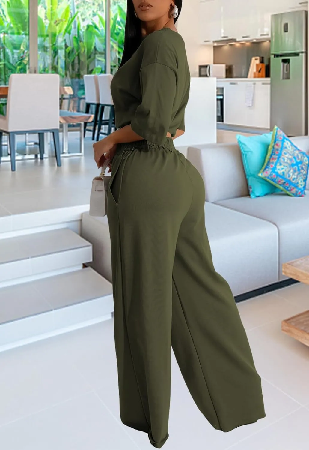 Outfits for Women 2 Piece Sets Casual Tracksuit Short Sleeve Drawstring Crop Top High Waist Wide Leg Long Pants Set