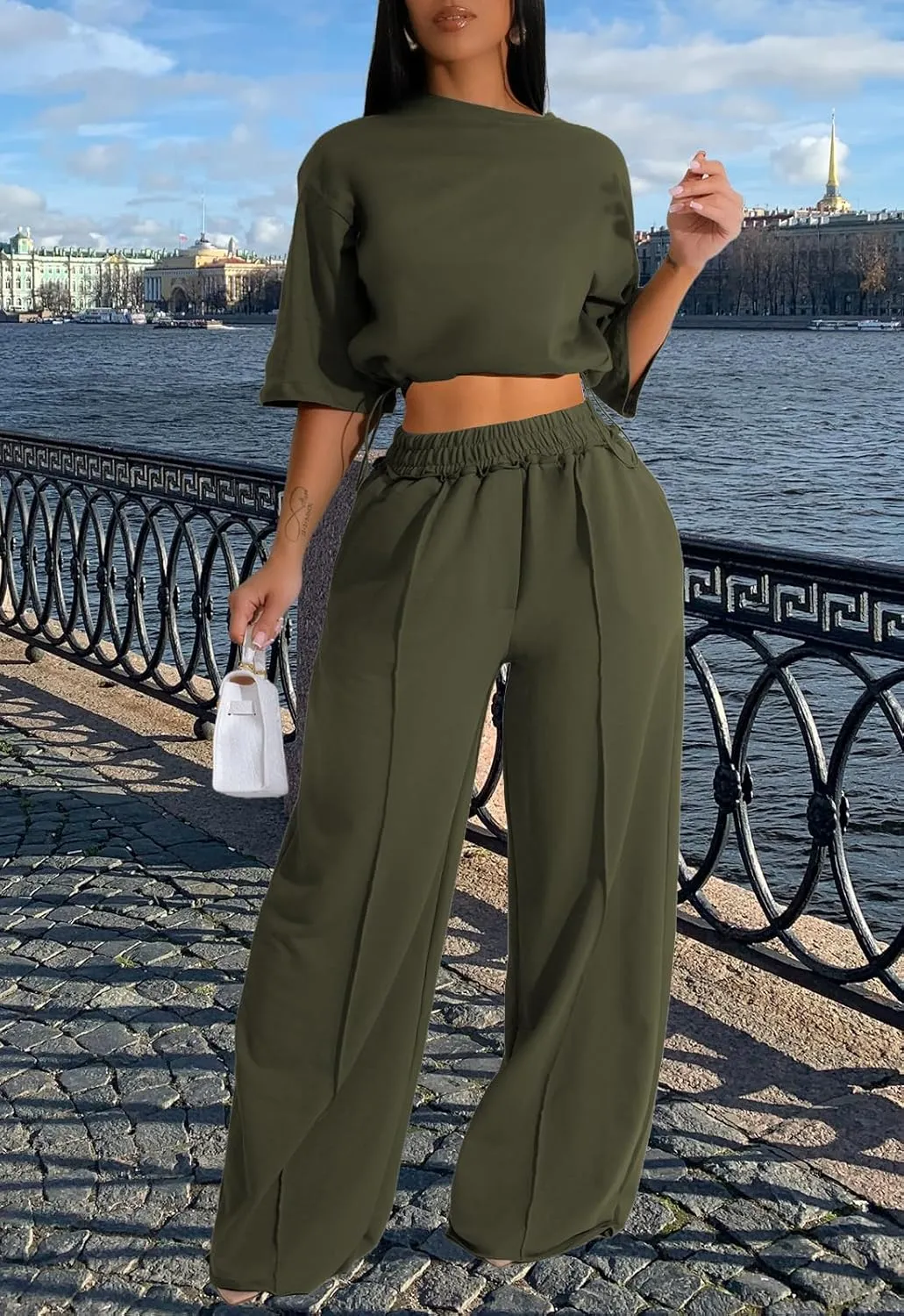 Outfits for Women 2 Piece Sets Casual Tracksuit Short Sleeve Drawstring Crop Top High Waist Wide Leg Long Pants Set