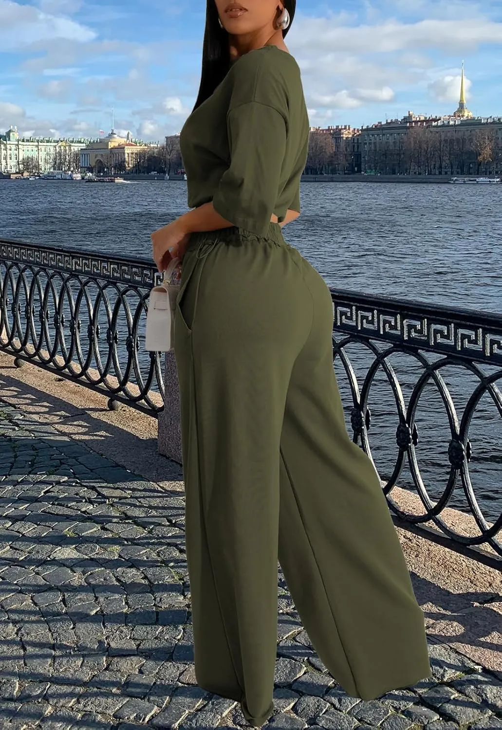 Outfits for Women 2 Piece Sets Casual Tracksuit Short Sleeve Drawstring Crop Top High Waist Wide Leg Long Pants Set