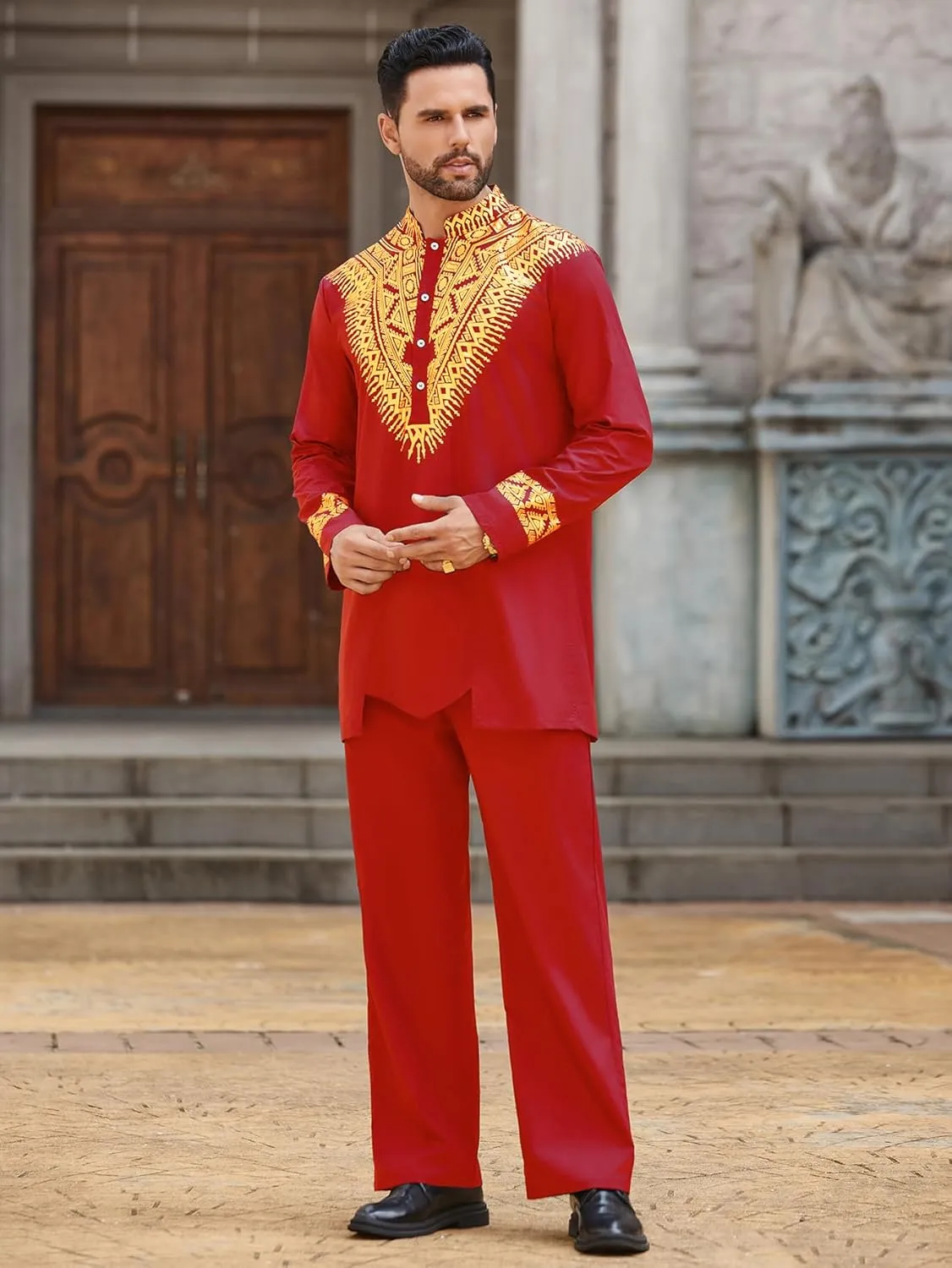 Pacinoble Mens African 2 Piece Set Metallic Traditional Suit Floral Printed Mens African Dashiki Shirt and Pants Outfit
