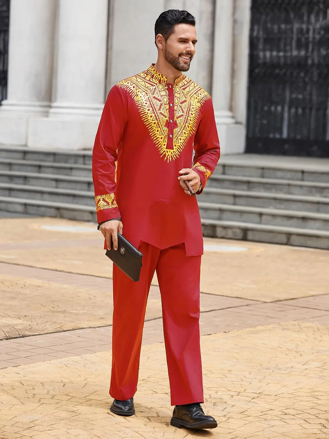 Pacinoble Mens African 2 Piece Set Metallic Traditional Suit Floral Printed Mens African Dashiki Shirt and Pants Outfit