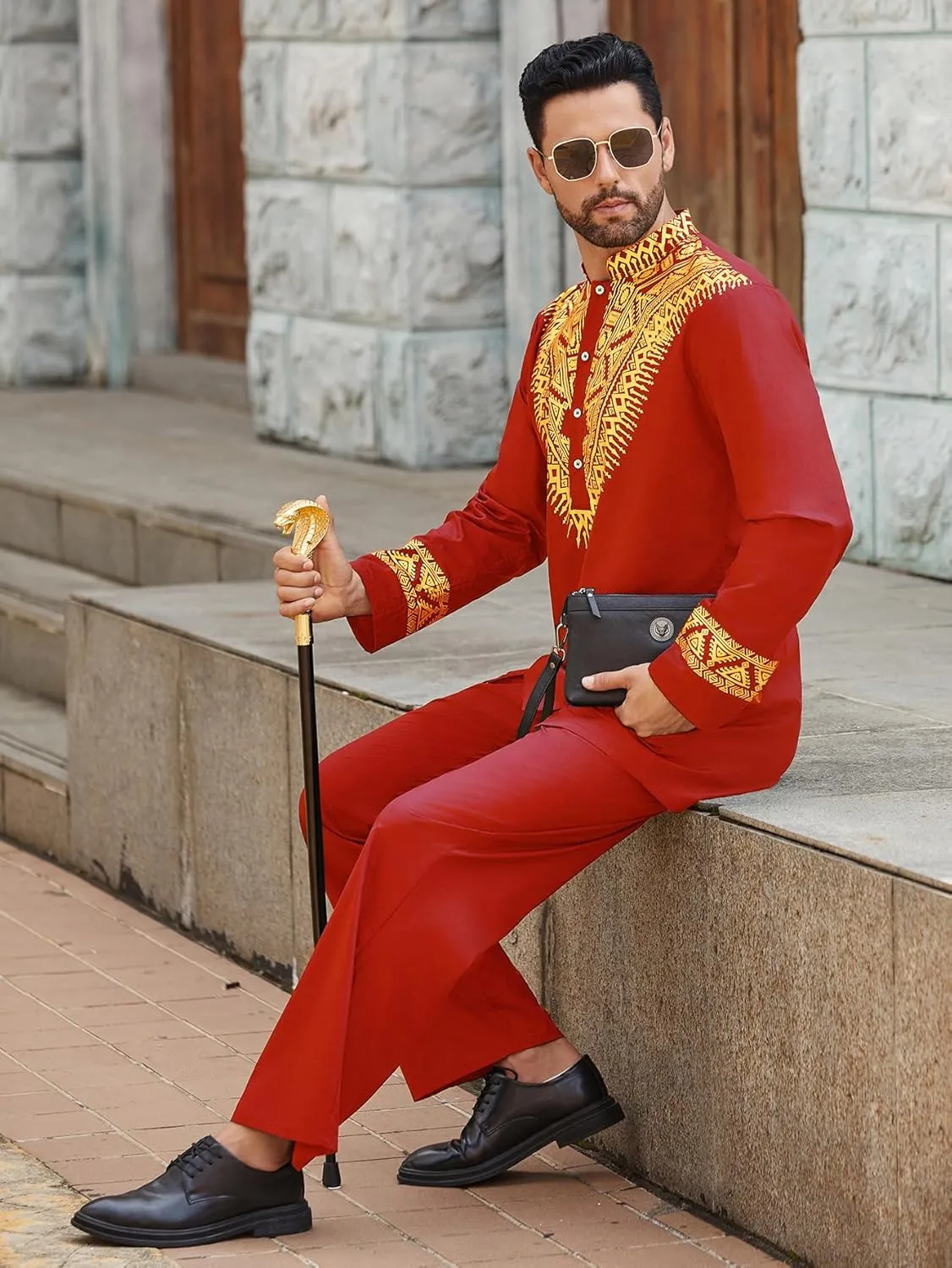 Pacinoble Mens African 2 Piece Set Metallic Traditional Suit Floral Printed Mens African Dashiki Shirt and Pants Outfit
