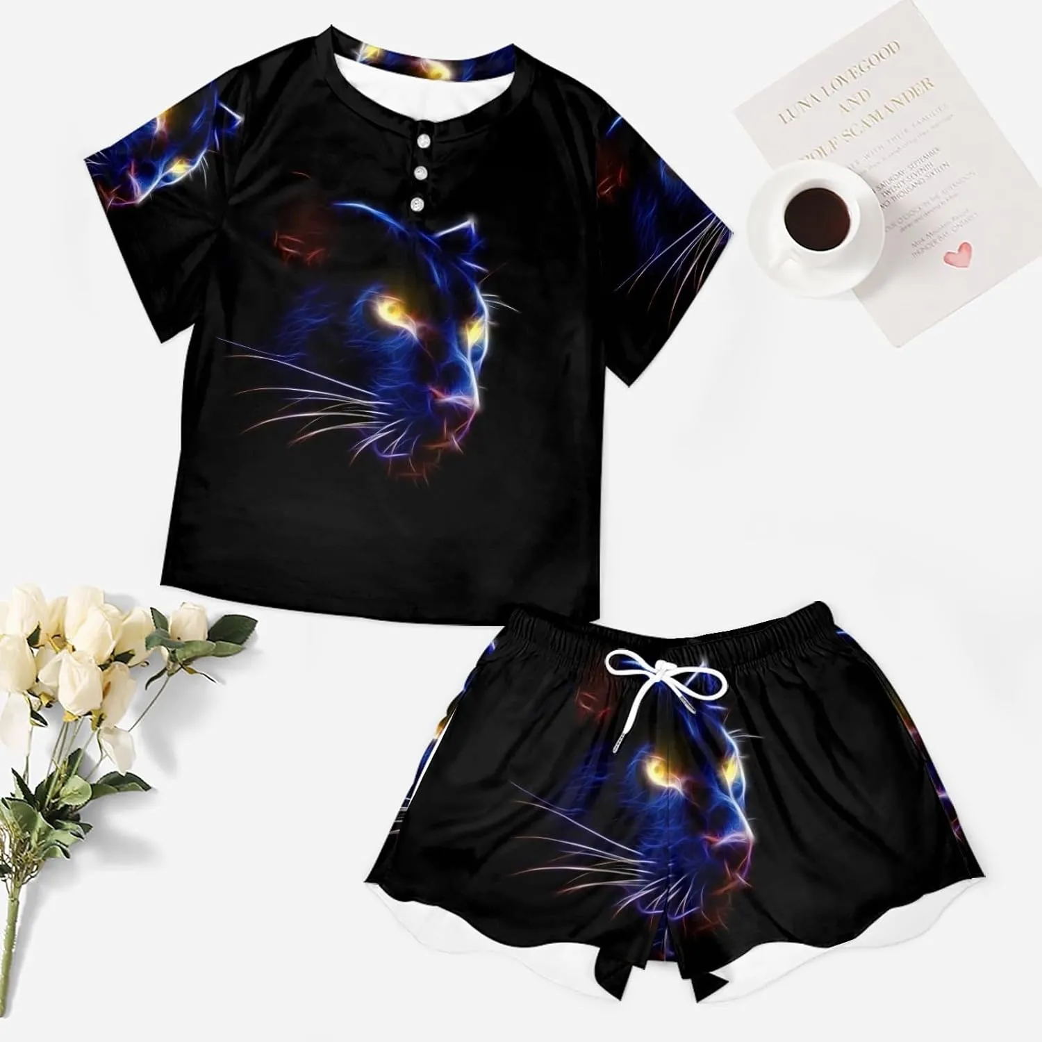 Panther in the dark Pajama Set for Women 2 Piece Sleepwear Loungewear Short Sleeve PJ S