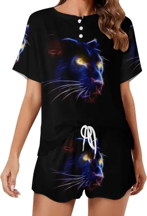 Panther in the dark Pajama Set for Women 2 Piece Sleepwear Loungewear Short Sleeve PJ S