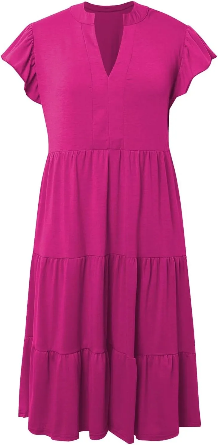 Photno Summer Dresses for Women 2025 Ruffle Sleeve V Neck Casual Midi Dress Fashion Flowy Tiered Boho Beach Vacation Sundress