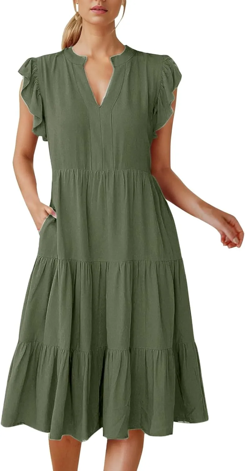 Photno Summer Dresses for Women 2025 Ruffle Sleeve V Neck Casual Midi Dress Fashion Flowy Tiered Boho Beach Vacation Sundress
