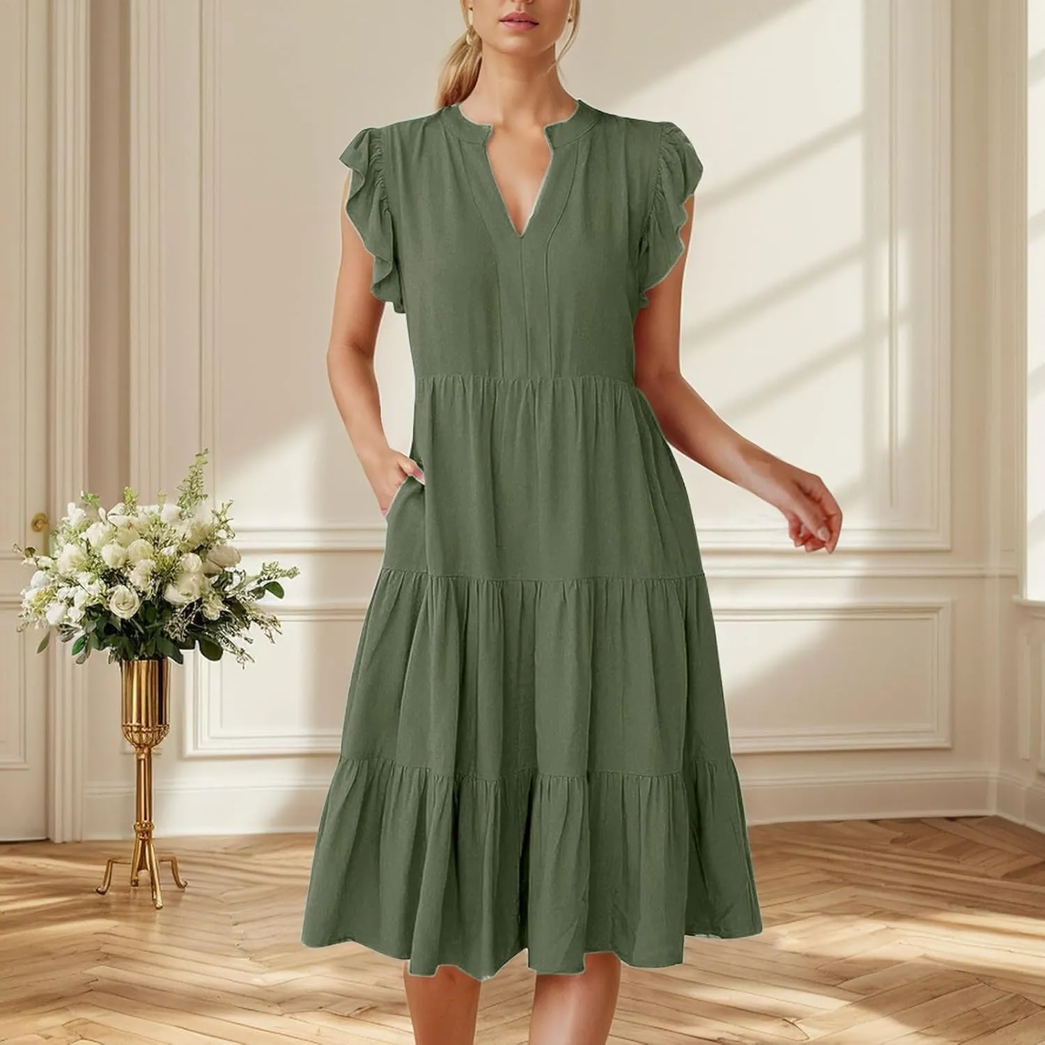 Photno Summer Dresses for Women 2025 Ruffle Sleeve V Neck Casual Midi Dress Fashion Flowy Tiered Boho Beach Vacation Sundress