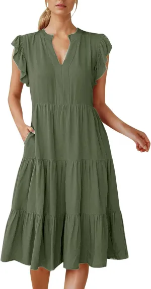 Photno Summer Dresses for Women 2025 Ruffle Sleeve V Neck Casual Midi Dress Fashion Flowy Tiered Boho Beach Vacation Sundress