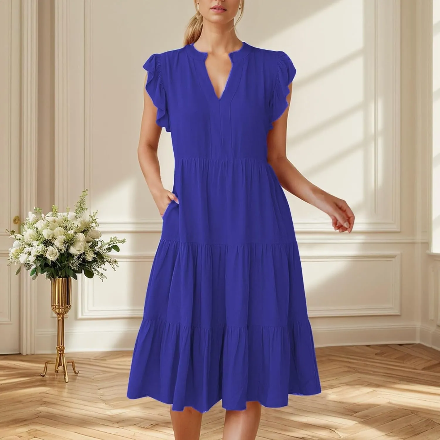 Photno Summer Dresses for Women 2025 Ruffle Sleeve V Neck Casual Midi Dress Fashion Flowy Tiered Boho Beach Vacation Sundress